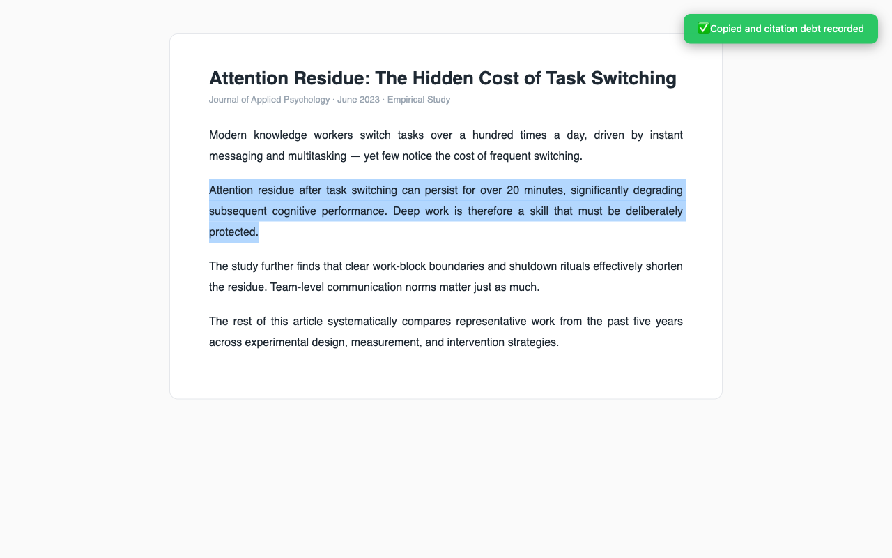 Select text on a page, press the shortcut, and a toast confirms the debt was copied and recorded
