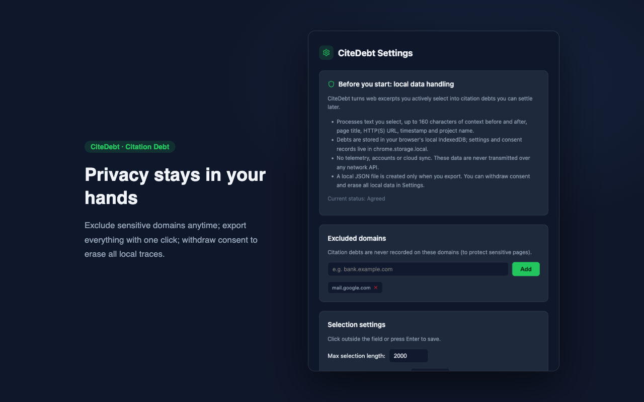 Settings page: excluded domains, selection settings and data management