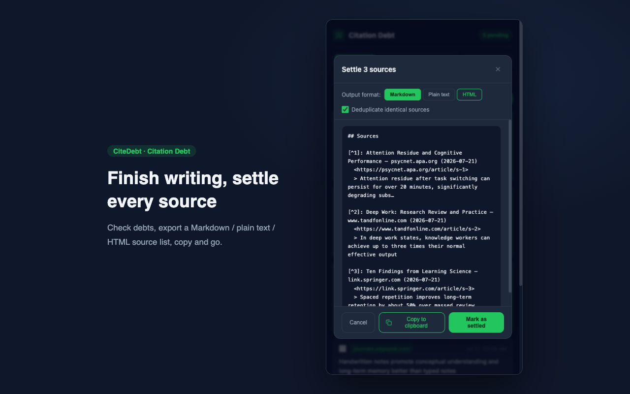 Settle dialog previewing a Markdown source list