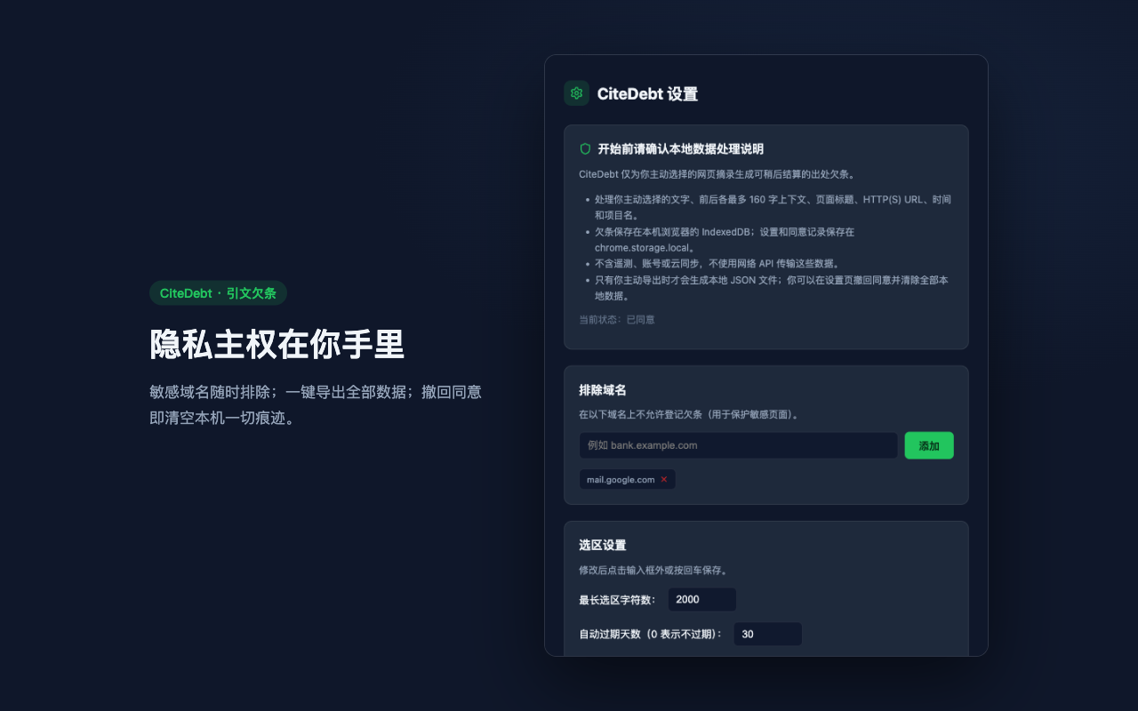 设置页：排除域名、选区设置与数据管理